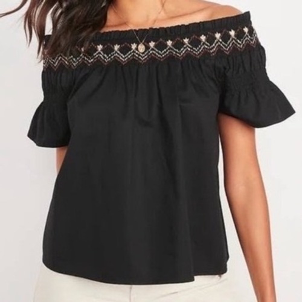 Old Navy Black Off The Shoulder Embroidered Boho Blouse XL 822143-01-1